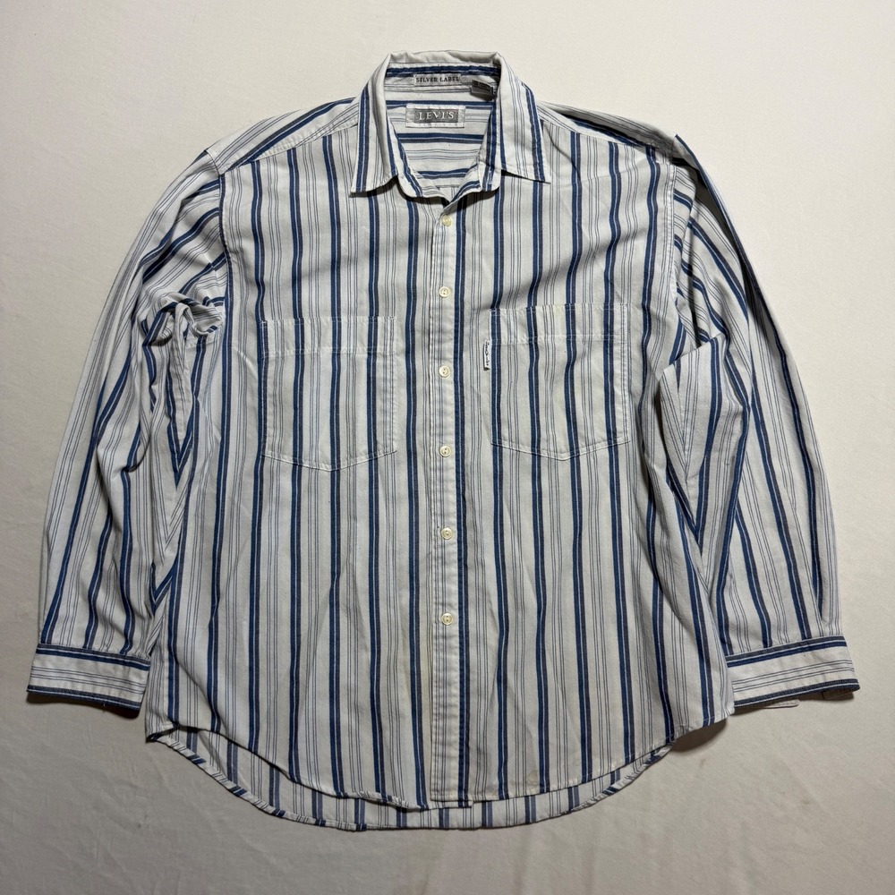 Vintage Levis Silver Label Striped Button Up Shirt Mens L Blue White Long Sleeve